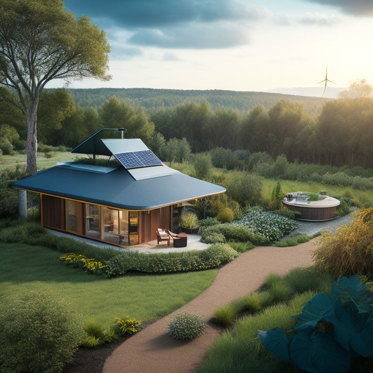 A serene, modern off-grid home surrounded by lush greenery, with a wind turbine and solar panels on the roof, a rainwater harvesting system, and a sustainable garden in the foreground.