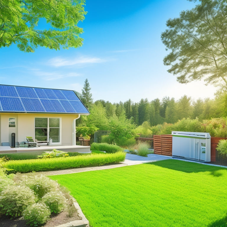 A serene residential backyard with a modern solar panel array, a compact battery storage unit, and a sleek inverter, surrounded by lush greenery and a sunny blue sky.