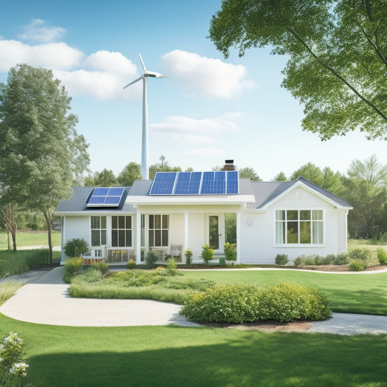 A serene, modern home with solar panels on the roof, a garden with lush greenery, and a small wind turbine in the backyard, surrounded by a white picket fence and a bright blue sky.