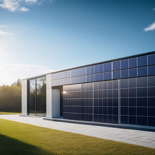 A futuristic, sleek, and modern solar power wall installation on a contemporary home's exterior, with black panels, silver frames, and a subtle grid pattern, set against a clear blue sky.