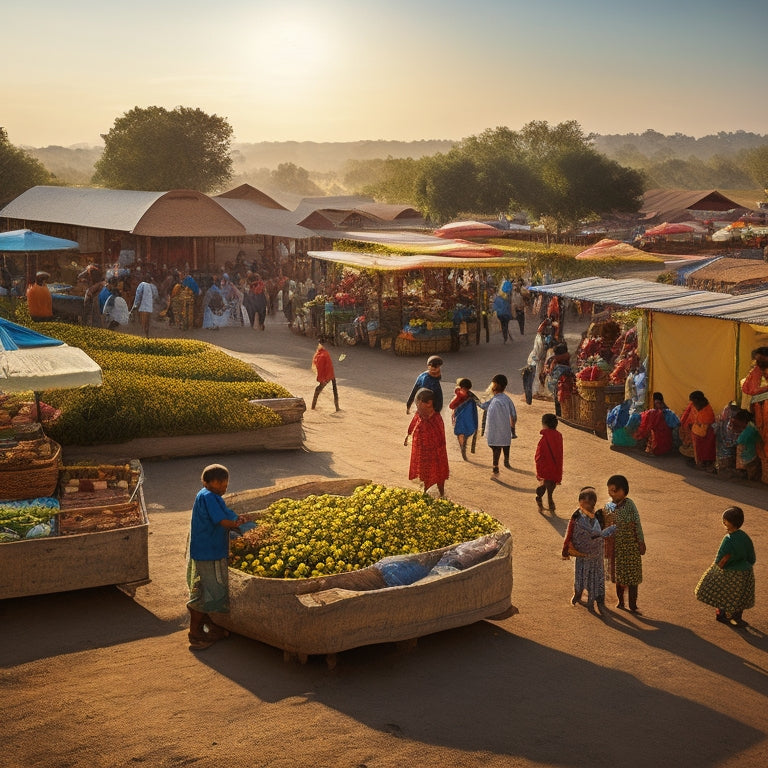 A vibrant, sun-kissed scene depicting a thriving rural community: farmers tending lush green fields, children playing near a newly built school, and a bustling marketplace with colorful stalls and smiling vendors.