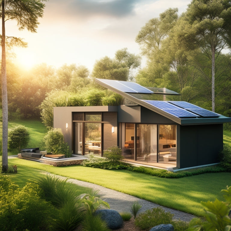A serene, modern home with solar panels on the roof, surrounded by lush greenery, with a subtle hint of a sun shining in the background, conveying a sense of eco-friendliness and sustainability.