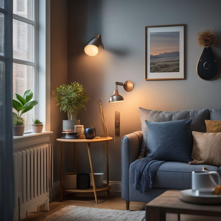 A cozy living room featuring a smart thermostat on the wall, a voice-activated smart speaker on a shelf, smart light bulbs illuminating a corner, and a smart security camera subtly positioned by the window.