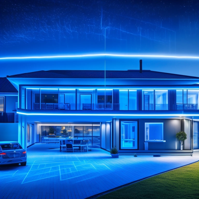 An illustration of a modern home with glowing blue lines and circuits radiating from a central smart hub, surrounded by varying sized gauges and meters displaying energy usage data.