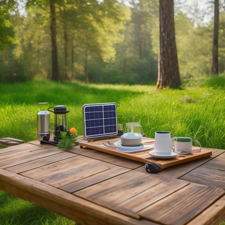 A serene outdoor setting with a small, sleek, silver portable power station on a wooden picnic table, surrounded by lush greenery, a few camping chairs, and a few solar panels in the background.