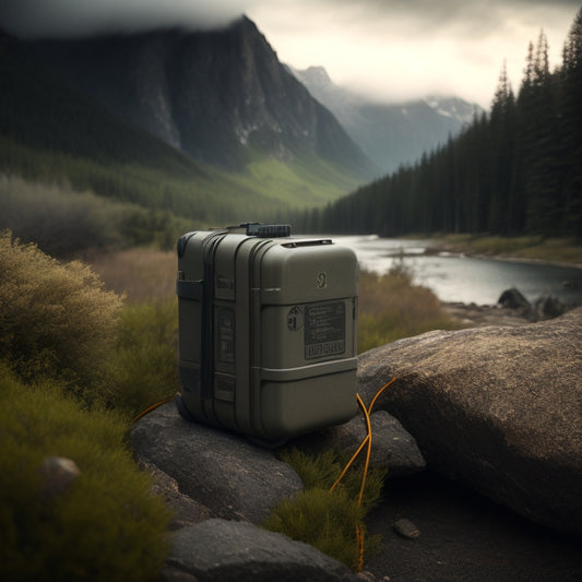 A rugged, weathered battery pack with solar panels and cables, set against a backdrop of a serene, misty mountain landscape with evergreen trees and a winding stream.