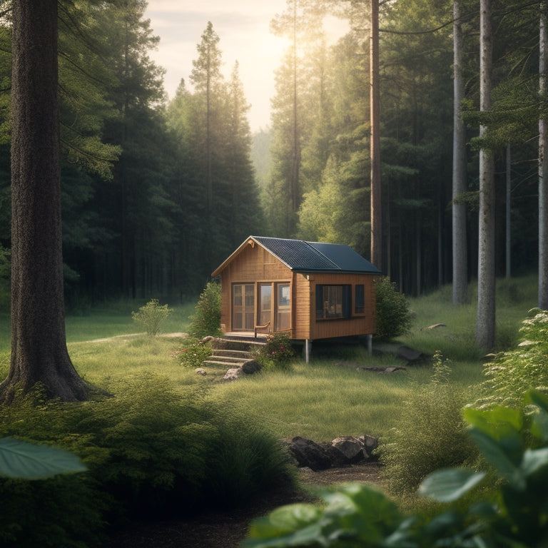 A serene, secluded cabin surrounded by lush greenery, with solar panels on the roof, a wind turbine in the distance, and a battery bank visible through a window.