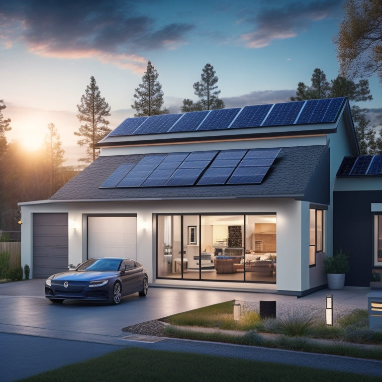 An illustration of a modern home with solar panels on the roof, a sleek battery storage unit in the garage, and a seamless power transfer between the grid and backup system during an outage.
