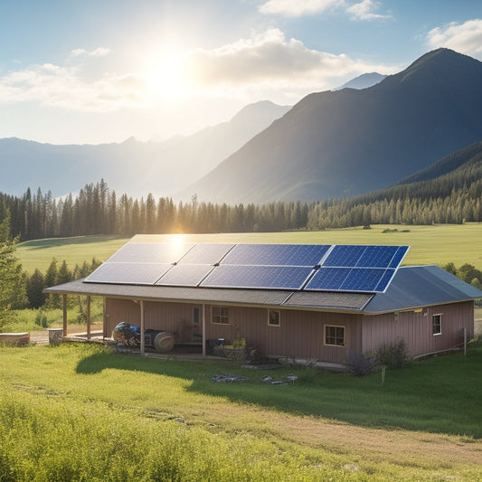 A serene off-grid homestead scene with a modern solar panel array on the roof, batteries and inverters in a nearby shed, surrounded by lush greenery and a distant mountain range under a clear blue sky.