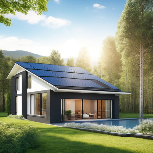 Generate an image depicting a modern, eco-friendly home with a sleek, black solar panel array covering the rooftop, surrounded by lush green trees and a bright blue sky with a few puffy white clouds.