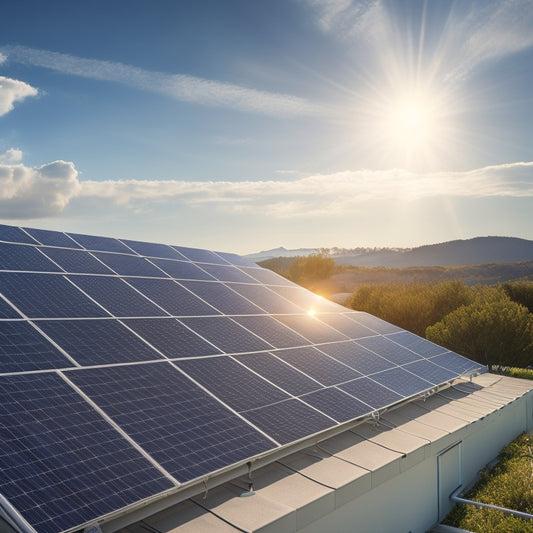 A photorealistic image of a sleek, modern solar panel system installed on a residential rooftop, with 12 panels angled towards the sun, amidst a clear blue sky with a few puffy white clouds.