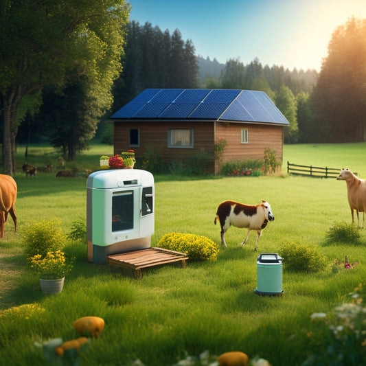 A serene homestead scene with a solar panel, a battery bank, and an off-grid refrigerator in the background, surrounded by lush greenery, a garden, and a few farm animals.