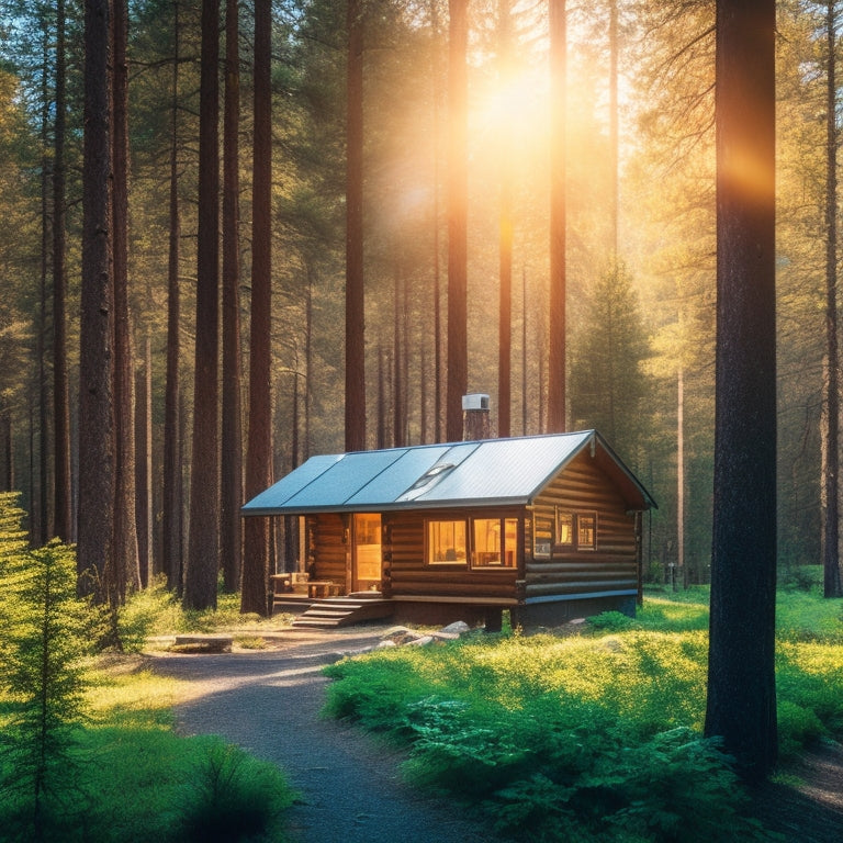 A serene forest cabin nestled among tall pine trees, surrounded by solar panels of various sizes, casting shadows on the ground. A clear blue sky above, with sunlight streaming down, illuminating the panels.