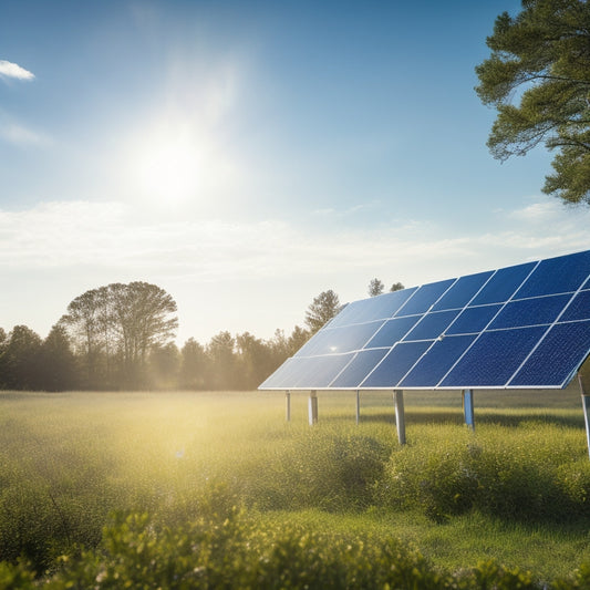 A serene landscape with a modern, sleek, and silver solar panel array set against a bright blue sky with a few puffy white clouds, surrounded by lush greenery and a subtle sun glow.