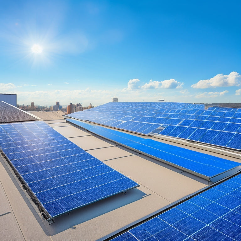 An illustration of a modern rooftop with multiple solar panels at varying angles, showcasing adjustable mounts with silver clamps and sleek black frames, set against a bright blue sky with fluffy white clouds.
