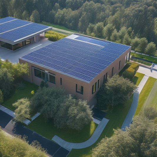 An aerial view of a modern residential building with sleek, black solar panels seamlessly integrated into the roof, surrounded by lush greenery and a bright blue sky.