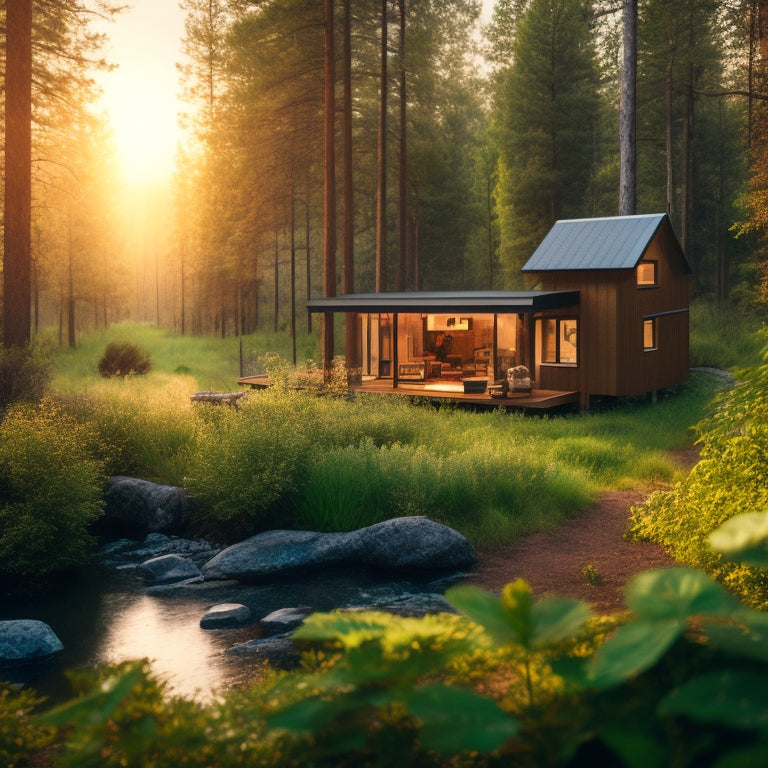 A serene landscape with a modern off-grid cabin surrounded by lush greenery, featuring five distinct inverters on a wooden table, each with unique design elements and subtle lighting effects.