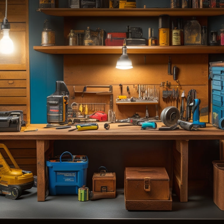 A clutter-free, well-lit workbench with a power tool, battery, charger, and assorted accessories like drill bits, screwdriver tips, and a carrying case, all neatly organized and labeled.