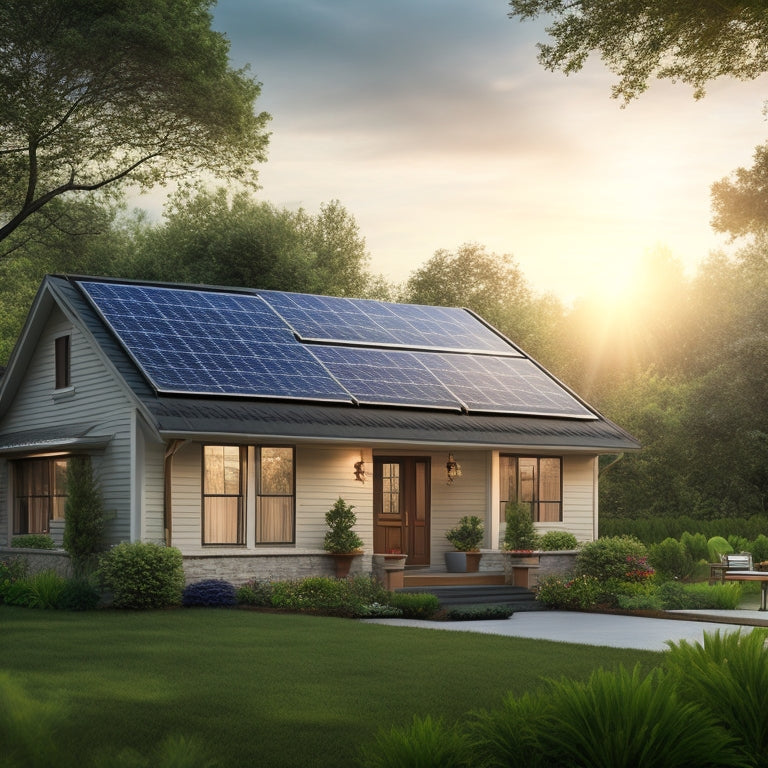 A serene suburban home with solar panels on its roof, surrounded by lush greenery, with a subtle sunlight glow and a faint outline of a dollar sign in the background.