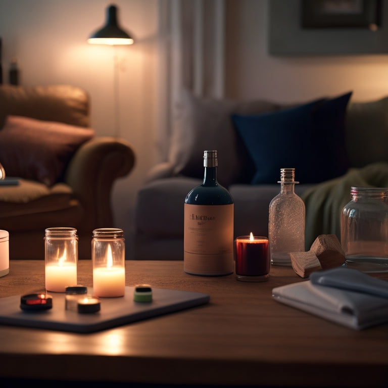 A cozy living room scene featuring various sleek home power banks charging devices, surrounded by dim ambient light, a flickering candle, and emergency supplies like a flashlight and bottled water for an emergency situation.