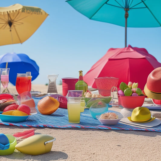 A vibrant summer scene featuring various portable fans in different styles and colors, surrounded by sun hats, sunglasses, and refreshing drinks, with a backdrop of a sunny park and people enjoying outdoor activities.