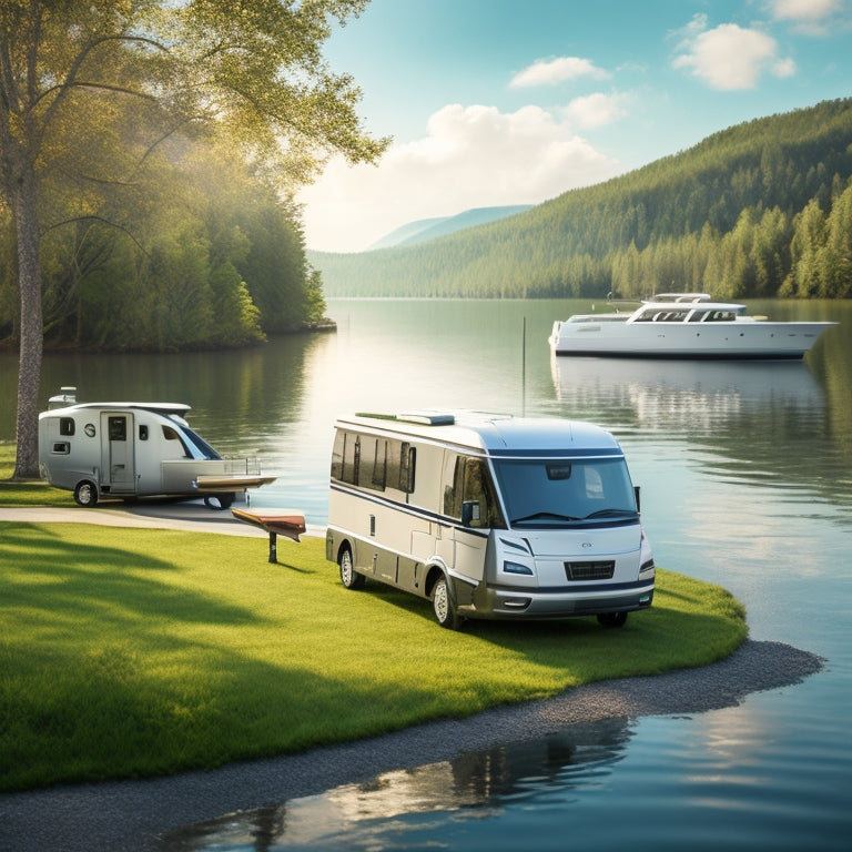 An illustration of a serene lakeside scene featuring a sailboat docked beside a motorhome, with solar panels and batteries visible on the boat's deck and the RV's roof, surrounded by lush greenery.