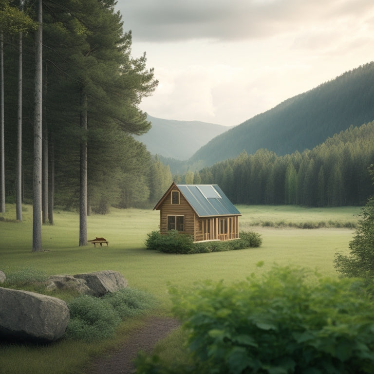 A serene, isolated cabin surrounded by lush greenery, with a wind turbine in the distance, solar panels on the roof, and a battery bank visible through a window.