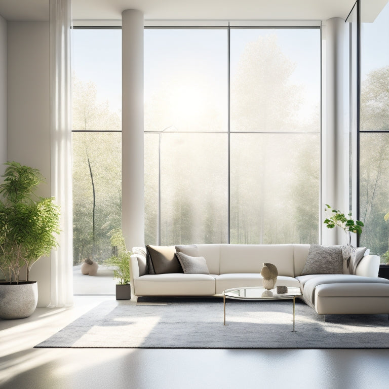 An airy, modern living room with floor-to-ceiling windows, featuring a sleek, minimalist room divider with integrated solar panels, softly glowing with a warm, ambient light.