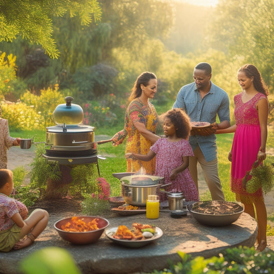 A vibrant outdoor scene featuring diverse families joyfully cooking with solar stoves under the sun, surrounded by lush greenery, blooming flowers, and wildlife, showcasing harmony between technology and nature.