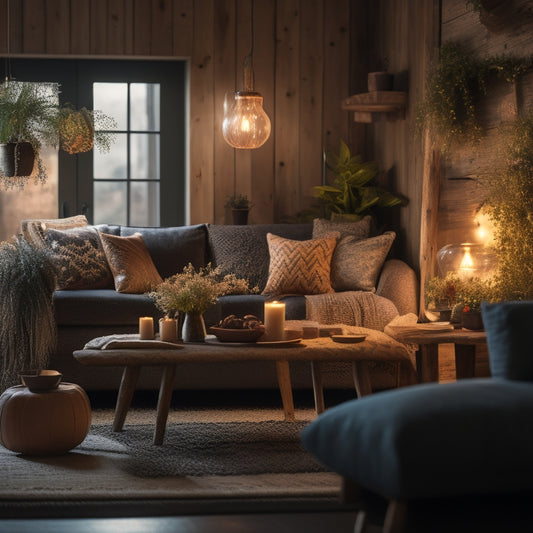 A cozy living room illuminated by warm, soft LED bulbs hanging from a rustic wooden beam, surrounded by potted plants and natural wood furniture, showcasing eco-friendly lighting in a serene, sustainable environment.