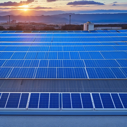 An image depicting a sleek, black solar panel array installed on a modern rooftop, connected to a compact, silver battery pack with glowing blue LED lights and copper wiring.