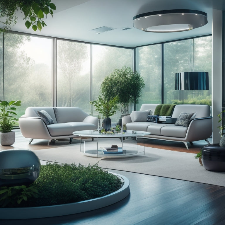 A futuristic living room with sleek, modern furniture, featuring multiple home battery storage systems from various brands, each with unique designs and LED indicators, surrounded by greenery and natural light.