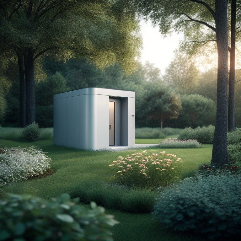A serene, modern home with a sleek, silver battery storage unit in the corner, surrounded by lush greenery and a subtle, glowing aura, symbolizing efficient energy storage and sustainability.