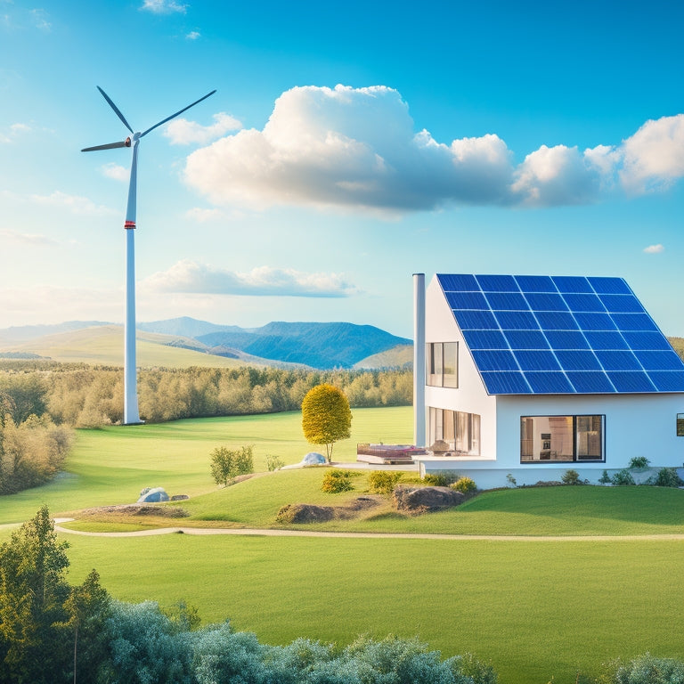 A serene landscape with a modern, sustainable home in the foreground, surrounded by lush greenery, solar panels, and a wind turbine, set against a bright blue sky with fluffy white clouds.