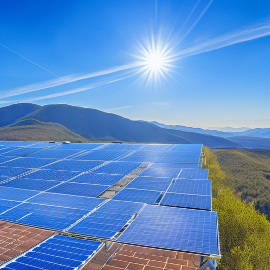 An array of sleek solar panels on a modern rooftop, showcasing robust metallic mounting brackets glimmering in sunlight, surrounded by a clear blue sky and distant green hills, emphasizing efficient energy harvesting technology.