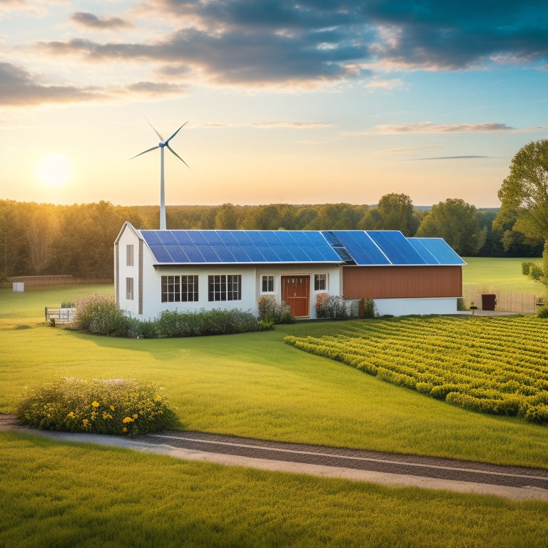 A serene rural landscape with a modern, sustainable off-grid homestead: a solar panel array on a rooftop, a wind turbine in the distance, and a lush green garden surrounded by a white picket fence.