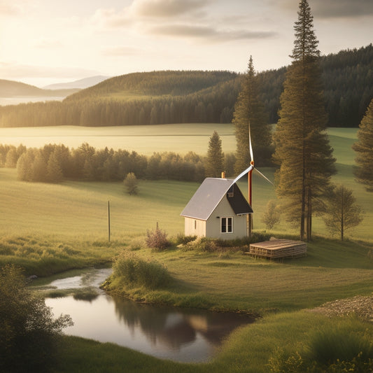 A serene rural landscape with a cozy cabin in the distance, surrounded by lush greenery, featuring a discreetly placed off-grid water pumping system with solar panels and a wind turbine.