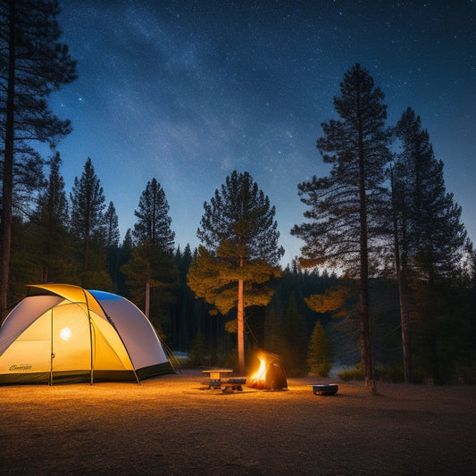A serene campsite under a starry night sky, featuring a sleek solar refrigerator beside a cozy tent. Surrounding pine trees and a crackling campfire, with camping gear and fresh food displayed nearby.