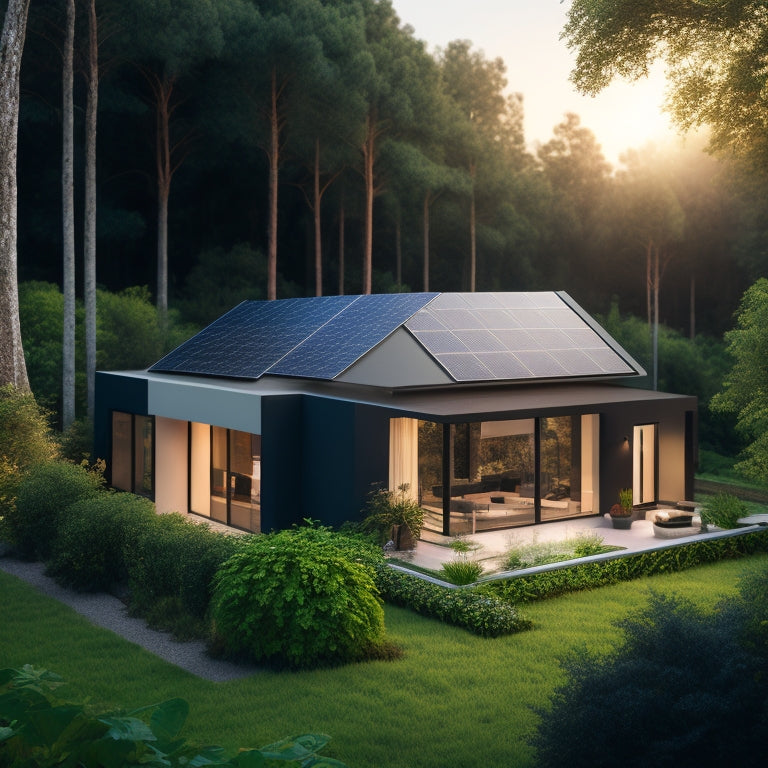 A serene, modern home surrounded by lush greenery, with a sleek, wall-mounted battery system, a roof-integrated solar panel array, and a subtle, glowing LED strip indicating energy storage levels.