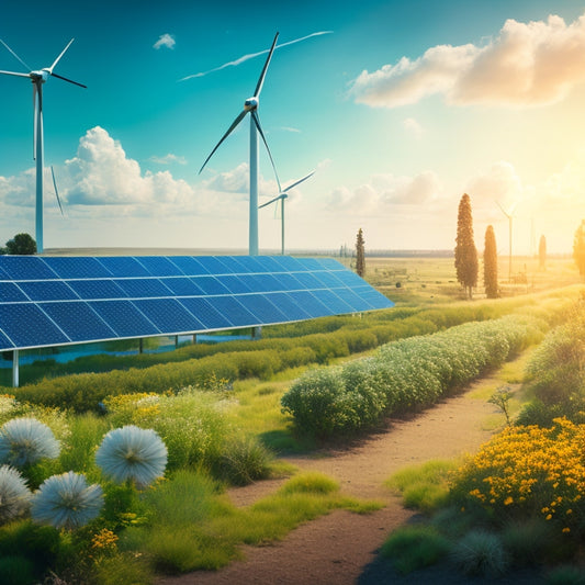 A futuristic landscape featuring sleek solar panels and wind turbines, surrounded by advanced battery storage systems glowing softly, integrated into a vibrant green ecosystem with flourishing plants and wildlife under a clear blue sky.