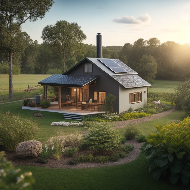 A serene, modern homestead surrounded by lush greenery, featuring solar panels, a wind turbine, and a rainwater harvesting system, with a garden and compost bin in the foreground.