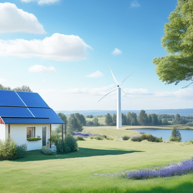 A serene landscape with a small, modern house surrounded by lush greenery, solar panels on the roof, and a wind turbine in the distance, under a bright blue sky with fluffy white clouds.
