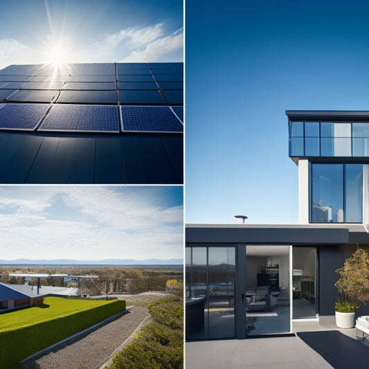 A split-screen image: a rooftop with sleek, black solar panels against a bright blue sky on the left, and a modern home's interior with a sleek, compact battery system on the right.