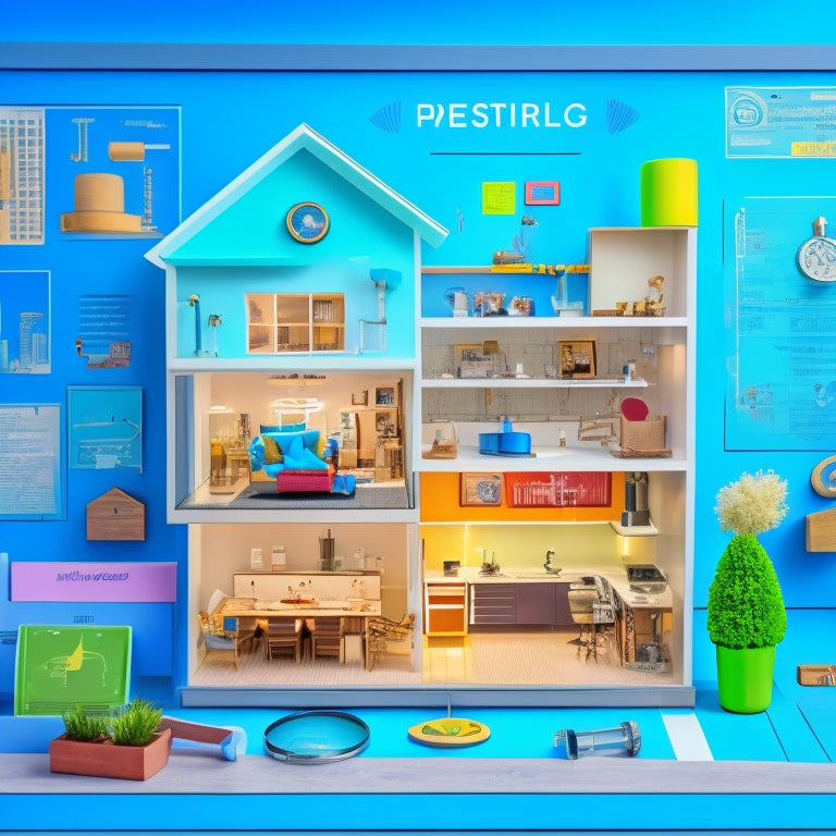 A blueprint of a home with various sections highlighted in bright colors, showcasing thermometers, light bulbs, windows, insulation, and pipes, surrounded by icons of a clipboard and a magnifying glass.