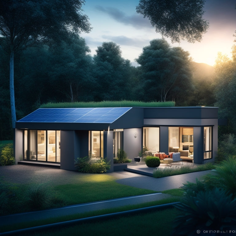 An illustration of a modern, eco-friendly home with solar panels on the roof, surrounded by lush greenery, with a subtle glow of LED lights and a sleek smart home hub on the wall.