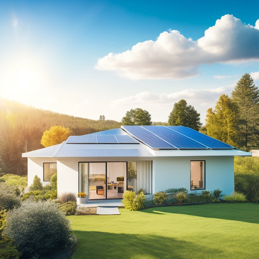 A modern, sleek, silver-roofed house with integrated solar panels, surrounded by lush greenery, set against a bright blue sky with a few white, puffy clouds.