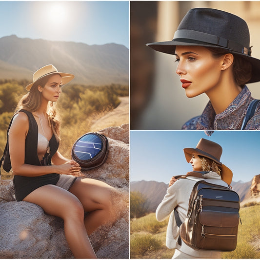 An array of stylish solar-powered wearables, including a sleek smartwatch, a chic backpack, and a fashionable hat, all set against a vibrant outdoor backdrop with sunlight highlighting their innovative designs.