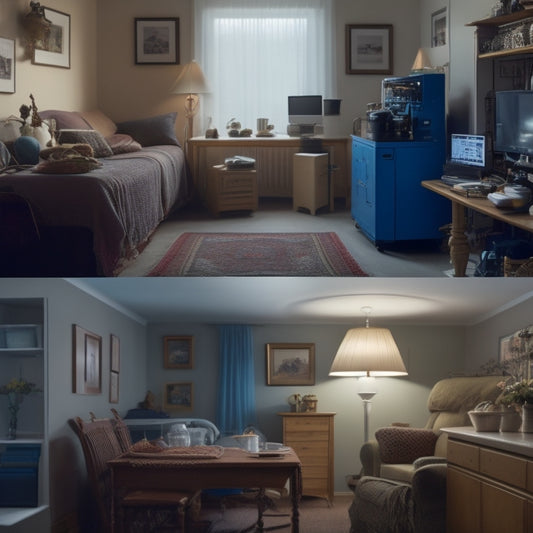 A split-screen image featuring a small, cluttered room with a tiny inverter and a few small appliances versus a spacious room with a larger inverter powering multiple devices.