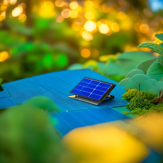 A small, sleek micro solar panel with a metallic frame and dark blue photovoltaic cells, angled on a miniature rooftoop or a tiny drone, surrounded by miniature trees or a cityscape.
