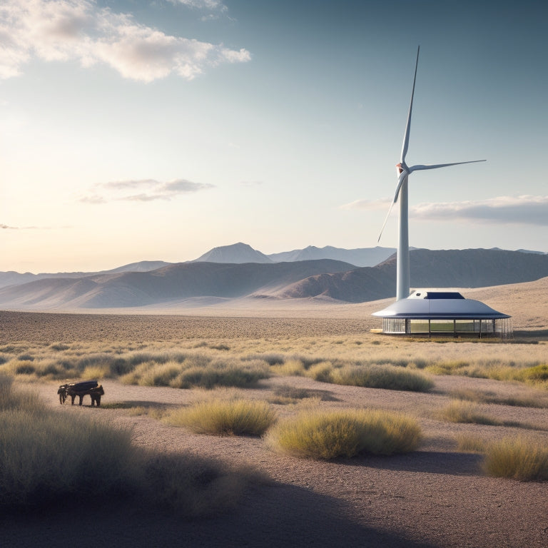A futuristic, isolated landscape with a small, sleek off-grid cabin in the distance, surrounded by solar panels and a wind turbine, with a large lithium-ion battery bank prominently displayed in the foreground.
